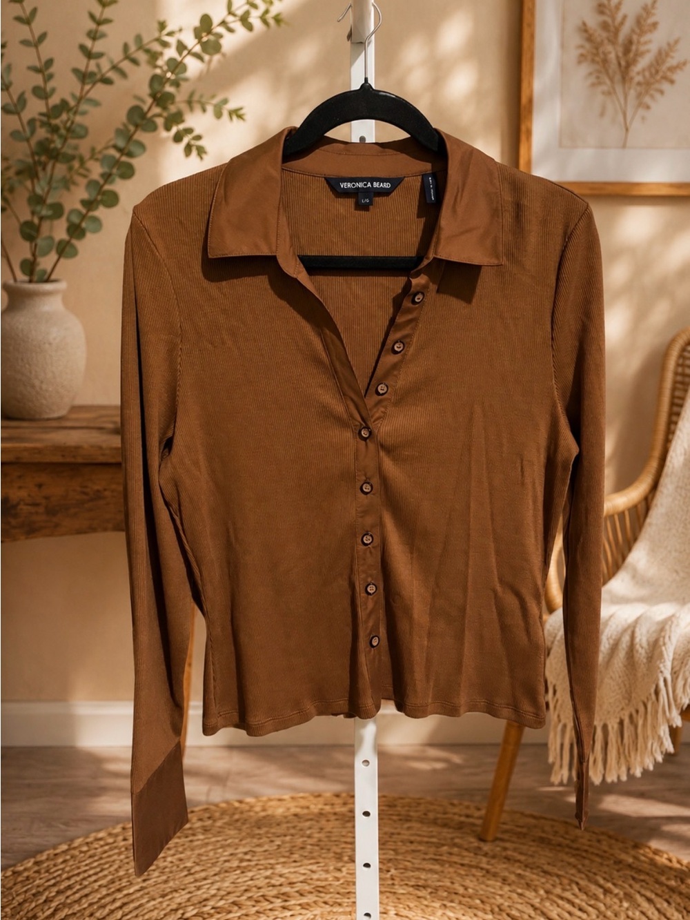 Veronica Beard Scottie Poplin-Trimmed Ribbed Pima Cotton-Blend Shirt Sz L /NWOT